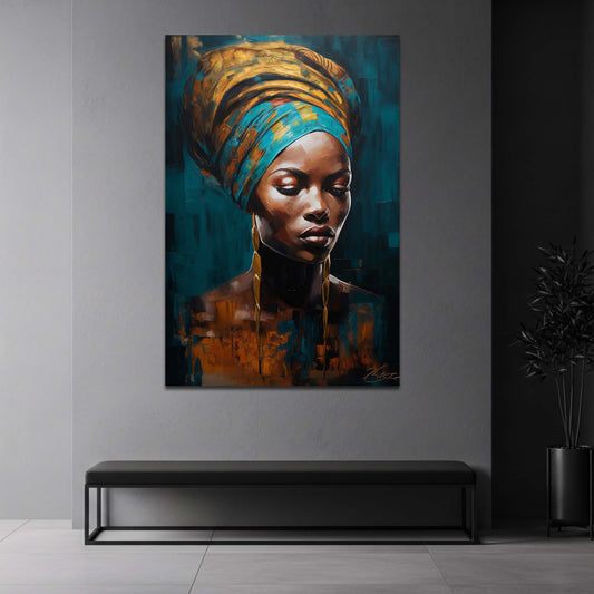 Afrikanische Frau mit Turban in Gold und Türkis Wandbild 2