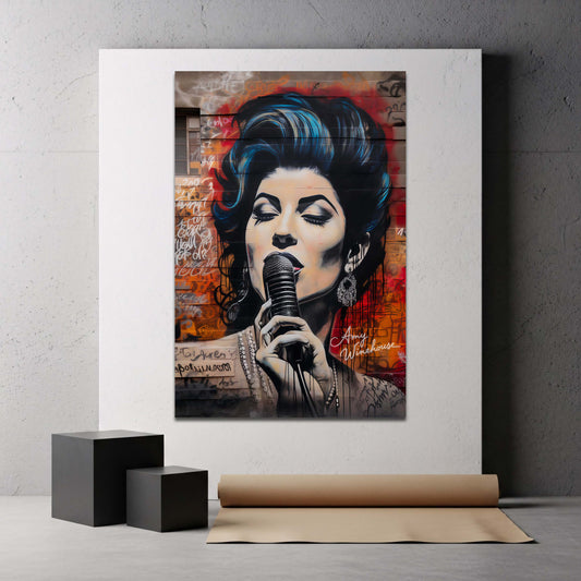 Sängerin Amy mit Mikrofon als Street Art Graffiti Wandbild 2