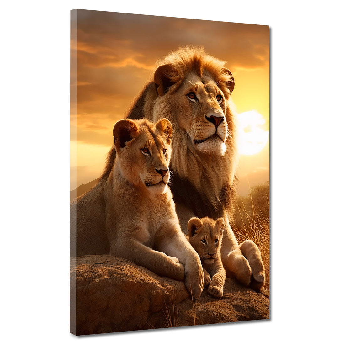 Wandbild Afrika Sonnenuntergang Löwen-Familie