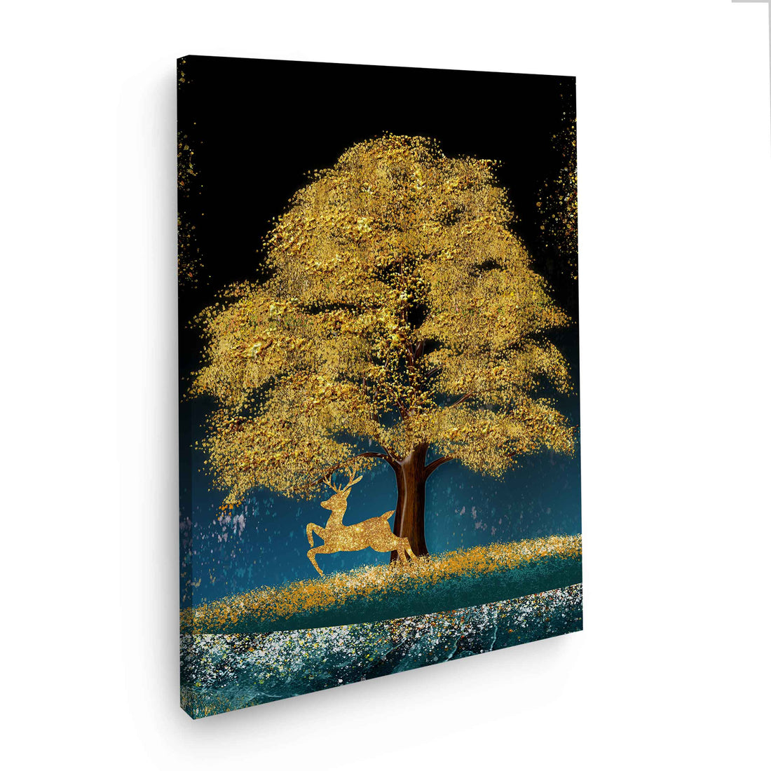 Wandbild Baum mit Hirsch in Gold Look
