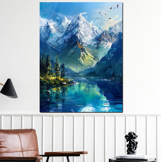 Wandbild Berglandschaft mit See modern farbenfroh