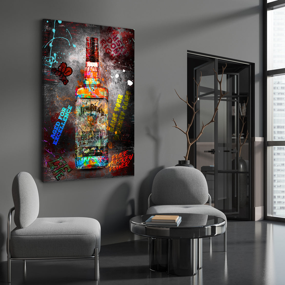 Wandbild Bourbon Whiskyflasche im modernen Graffiti Pop Art Stil