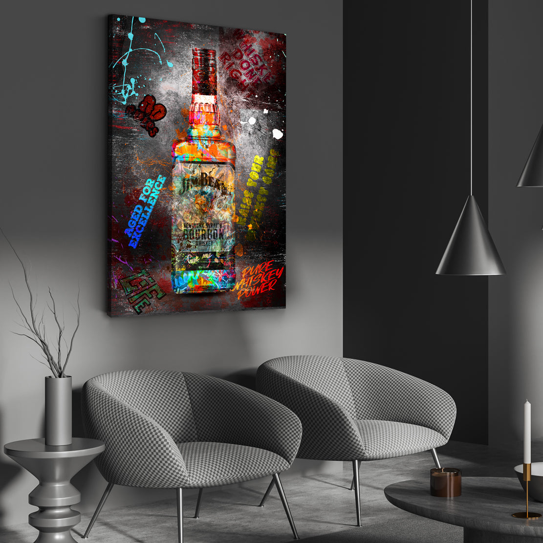 Wandbild Bourbon Whiskyflasche im modernen Graffiti Pop Art Stil