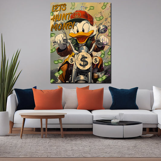 Wandbild Comic Duck auf Motorrad im Geldregen