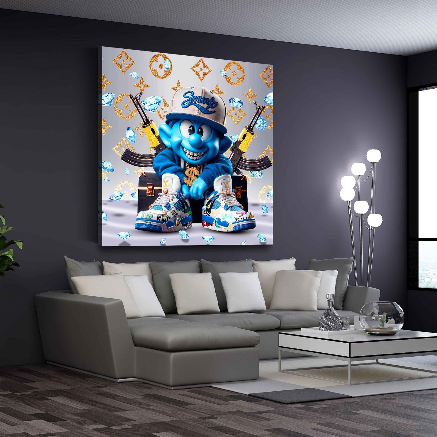 Wandbild Comic Figur blau Reichtum Luxus Diamanten modern