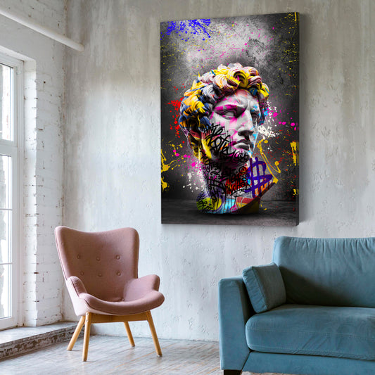 Wandbild David Büste mit Graffiti Kunst und bunten Farben