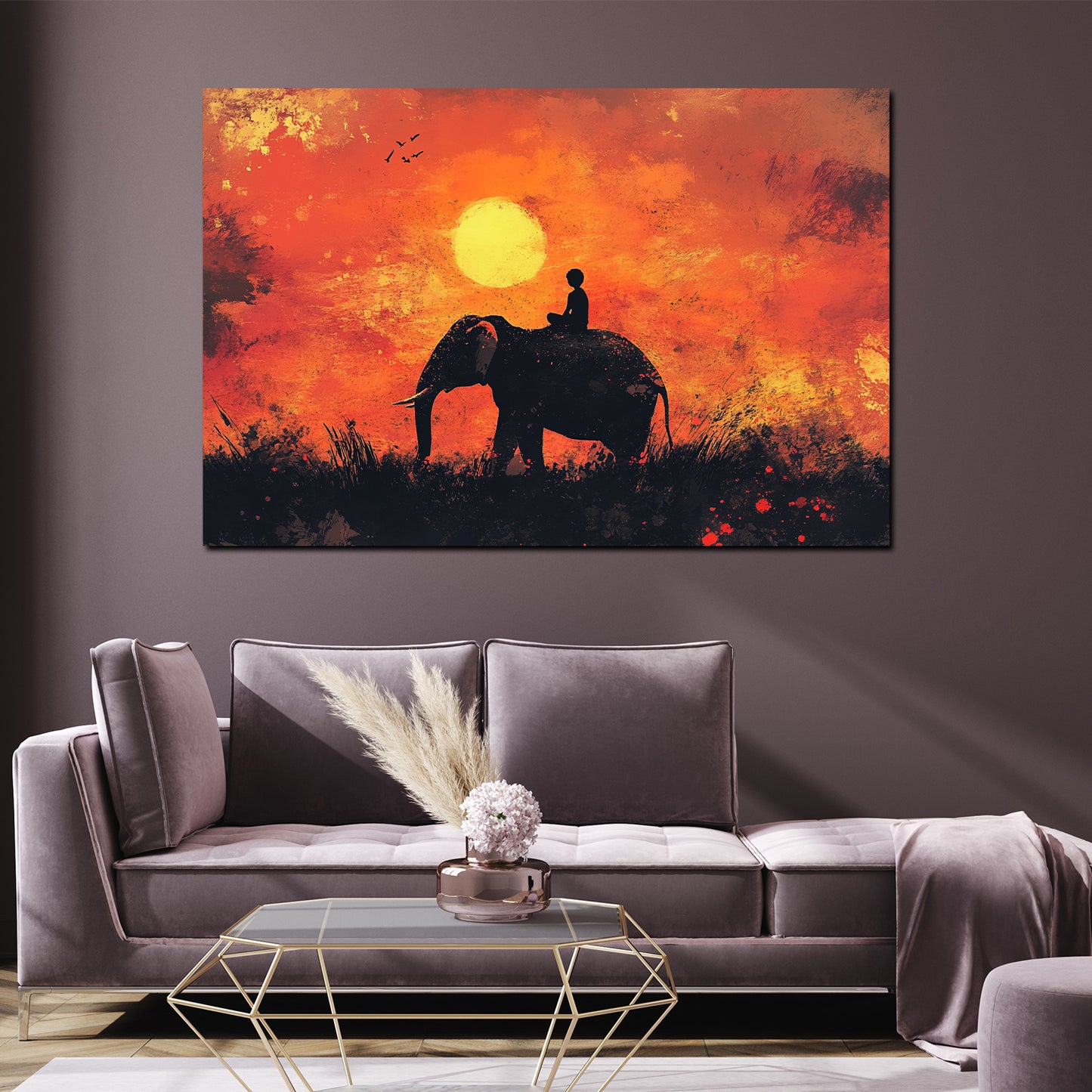 Wandbild Elefant Sonnenuntergang Kind Silhouette Natur Ruhe