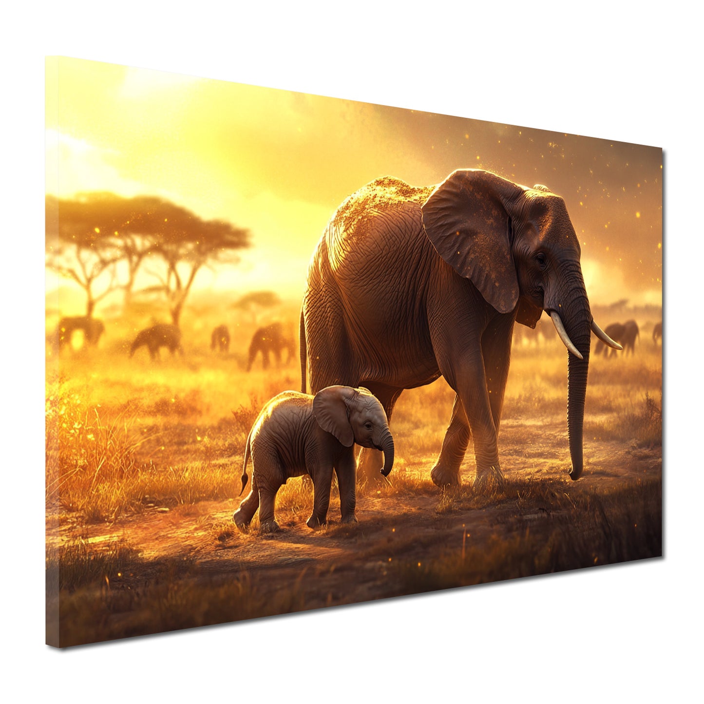Wandbild Elefanten Mutterliebe Savanne Sonnenlicht