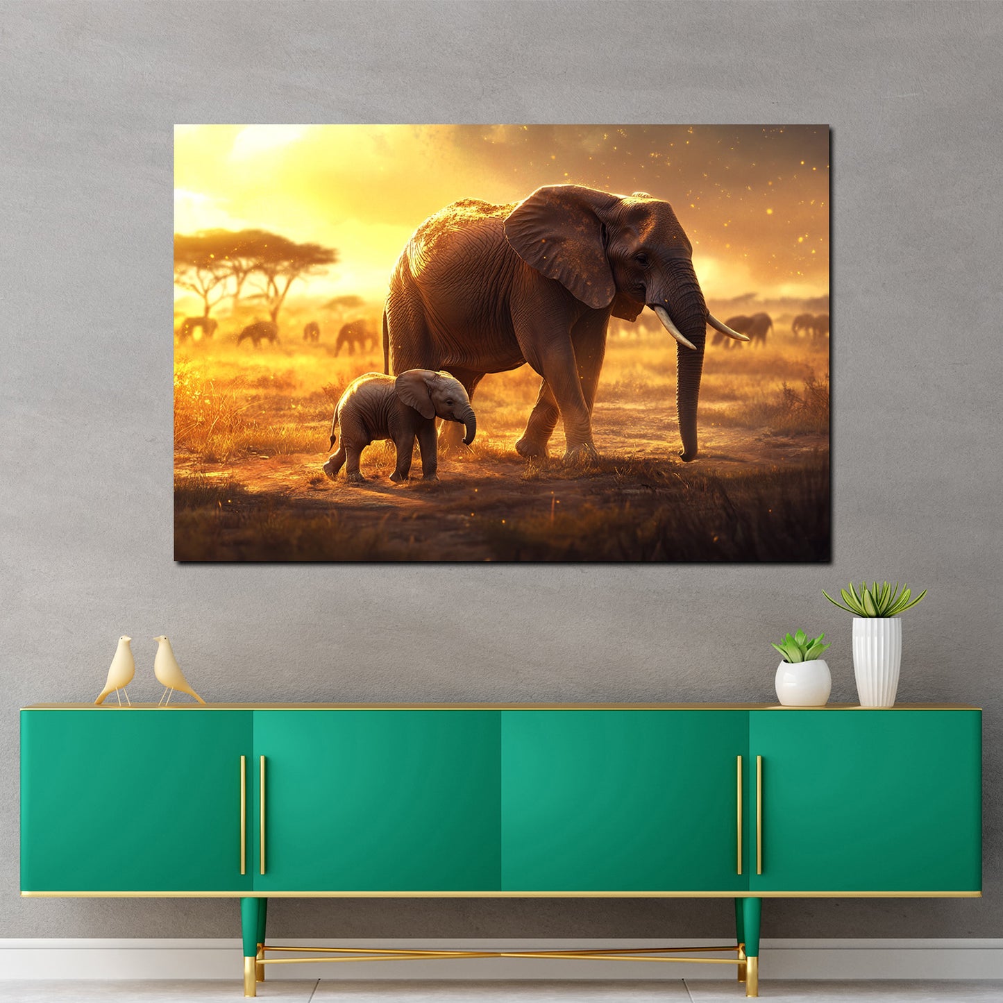 Wandbild Elefanten Mutterliebe Savanne Sonnenlicht