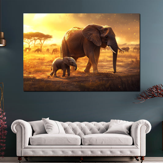 Wandbild Elefanten Mutterliebe Savanne Sonnenlicht