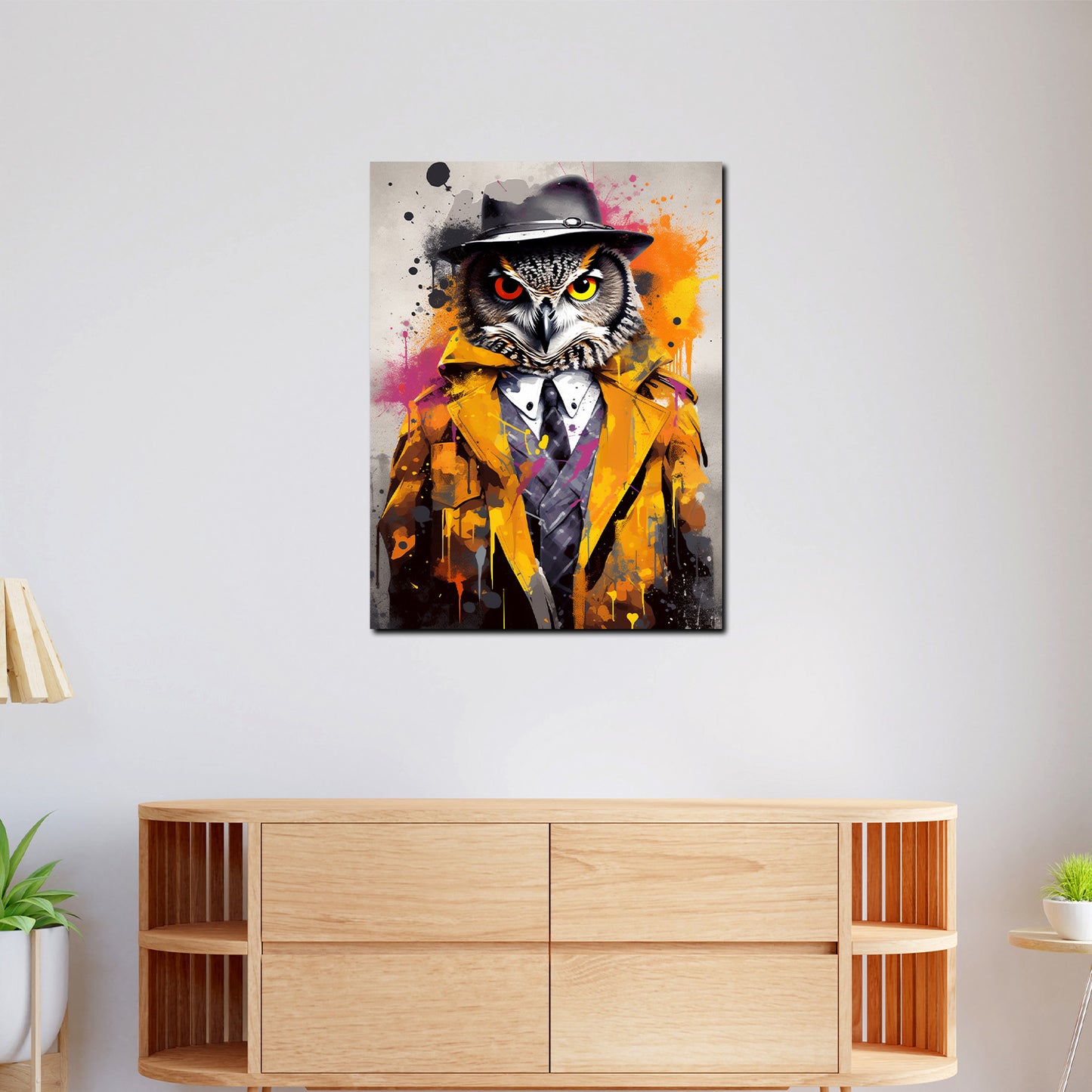 Wandbild Eule im Anzug mit gelben Mantel Pop Art