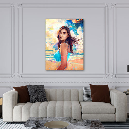 Wandbild Frau am Strand mit sommerlichen Farben