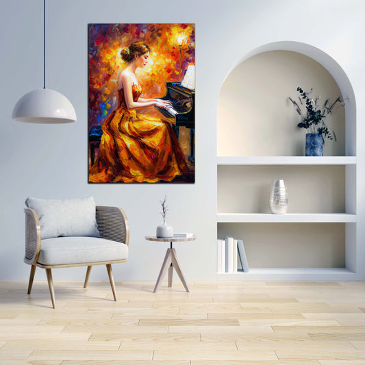 Wandbild Frau im Abendkleid am Klavier Musik farbenfroh modern