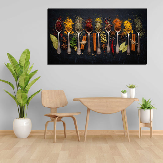 Wandbild Gewürze auf Löffeln Küche Kräuter orientalisch modern farbenfroh