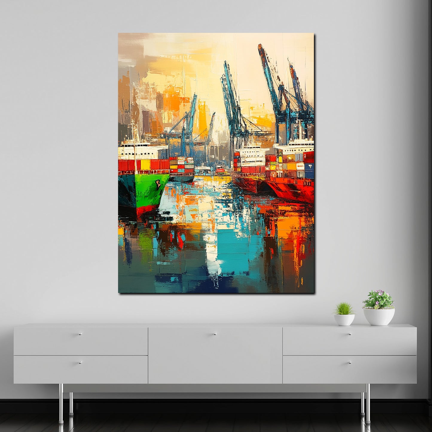 Wandbild Hafen Schiffe Container bunt modern