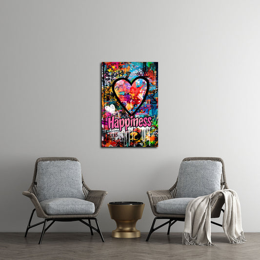 Wandbild Herz Graffiti Pop Art mit Happiness und bunten Farben