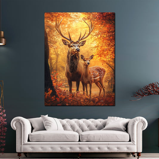 Wandbild Hirschpaar im Wald bei Herbststimmung