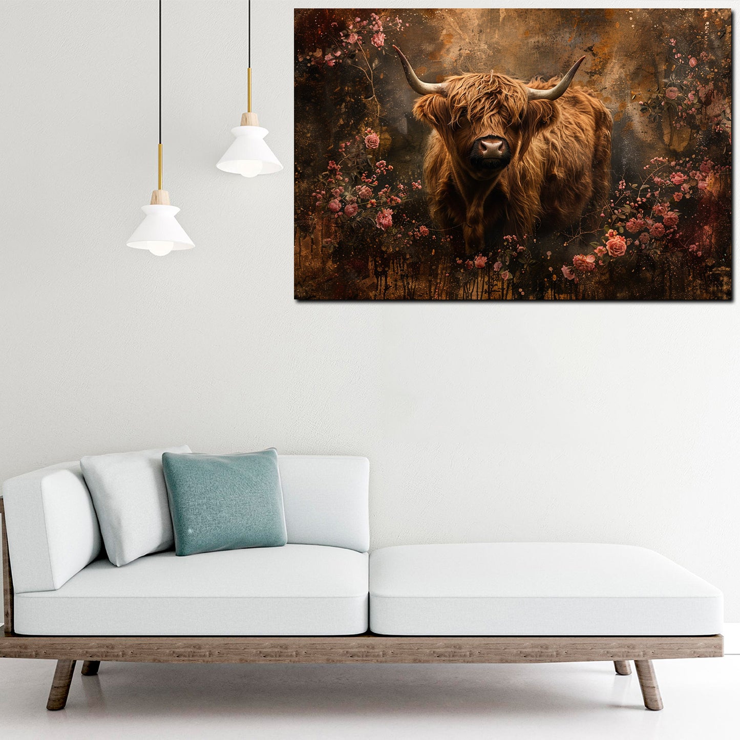 Wandbild Hochlandrind Blumen Vintage Natur rustikal