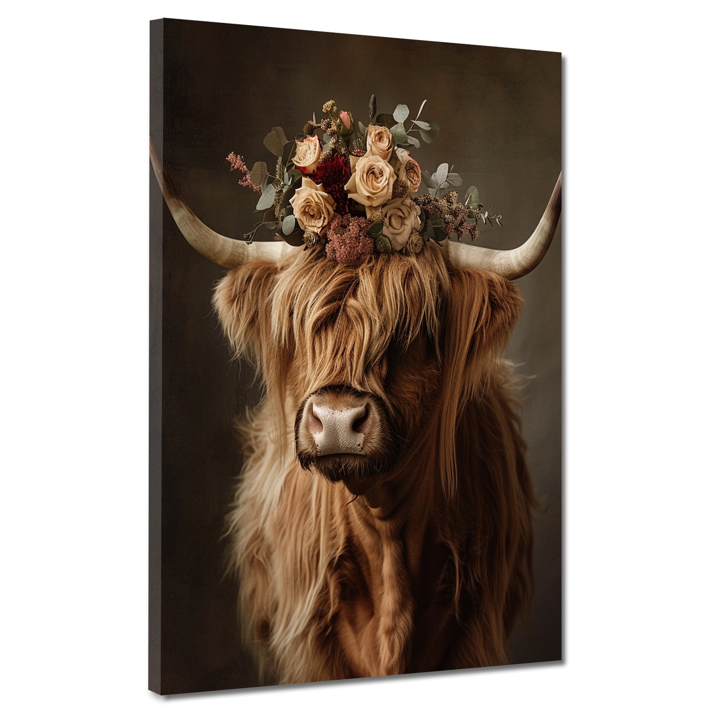 Wandbild Hochlandkuh mit Blumenkranz Natur Boho rustikal modern