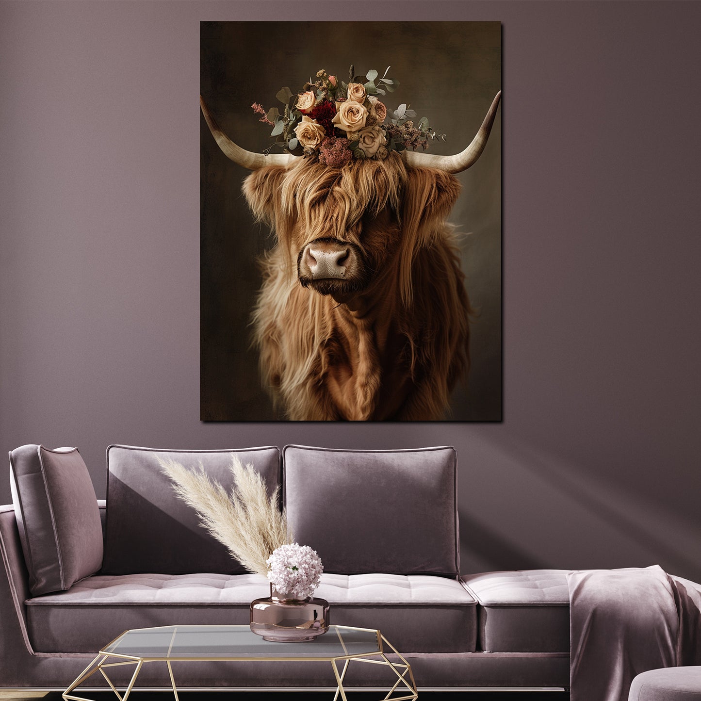 Wandbild Hochlandkuh mit Blumenkranz Natur Boho rustikal modern