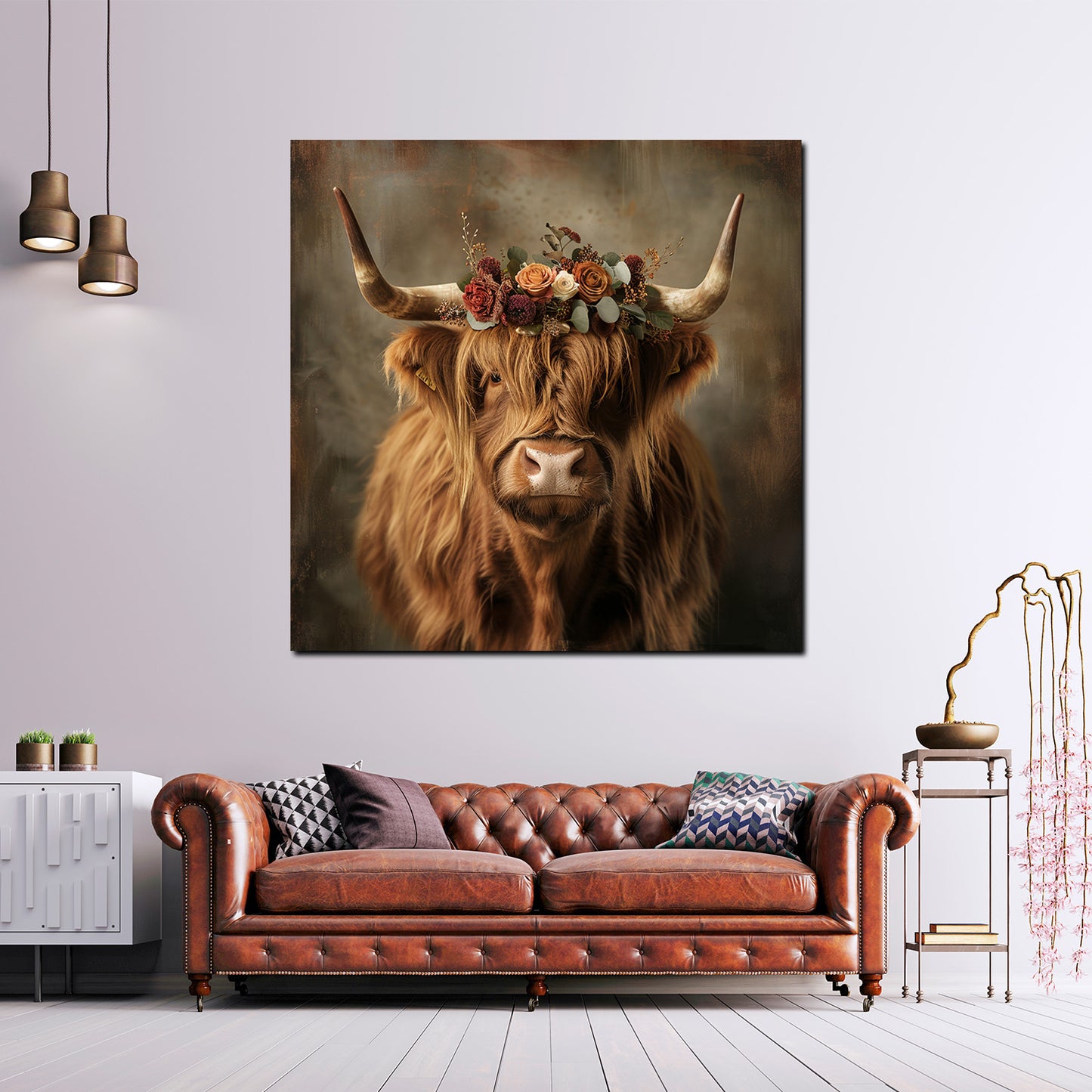 Wandbild Kuh Scottish Highlander mit Blumenkrone Natur Stil modern