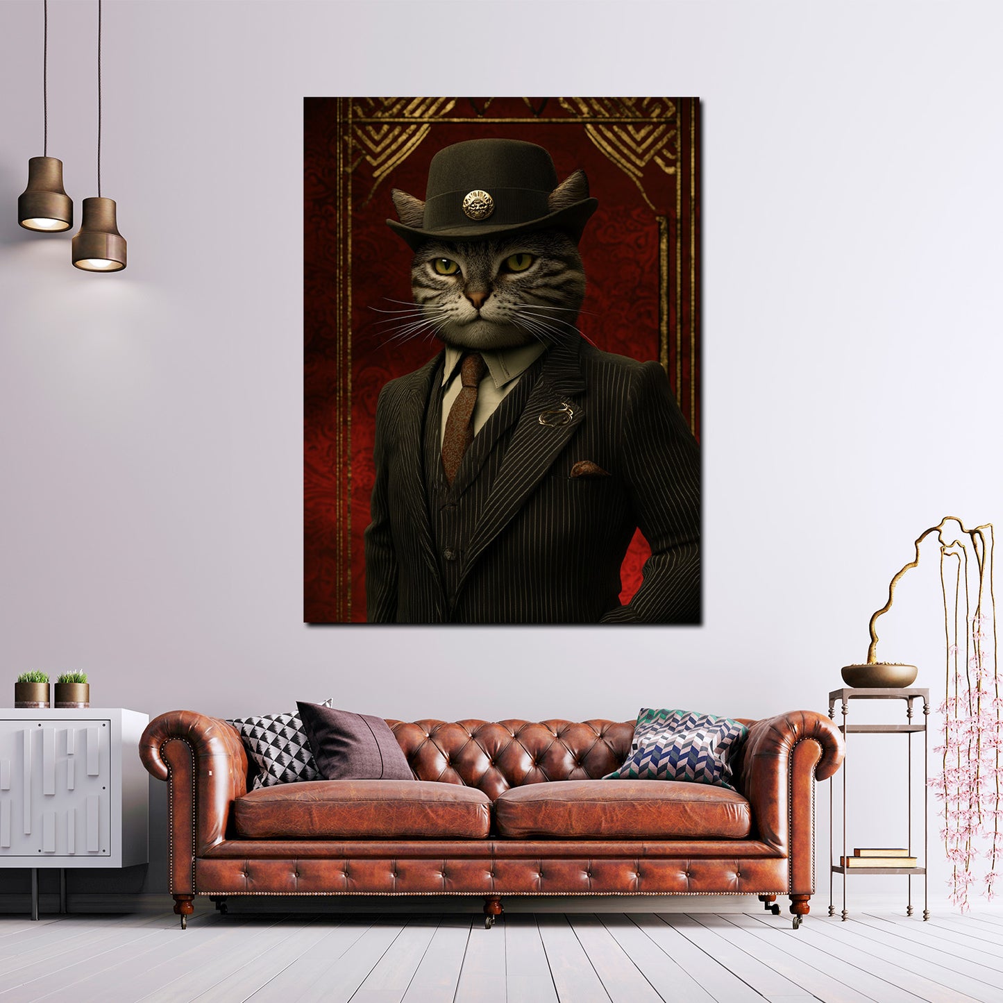 Wandbild Katze Boss im Anzug mit Hut Eleganz Macht und Stil modern