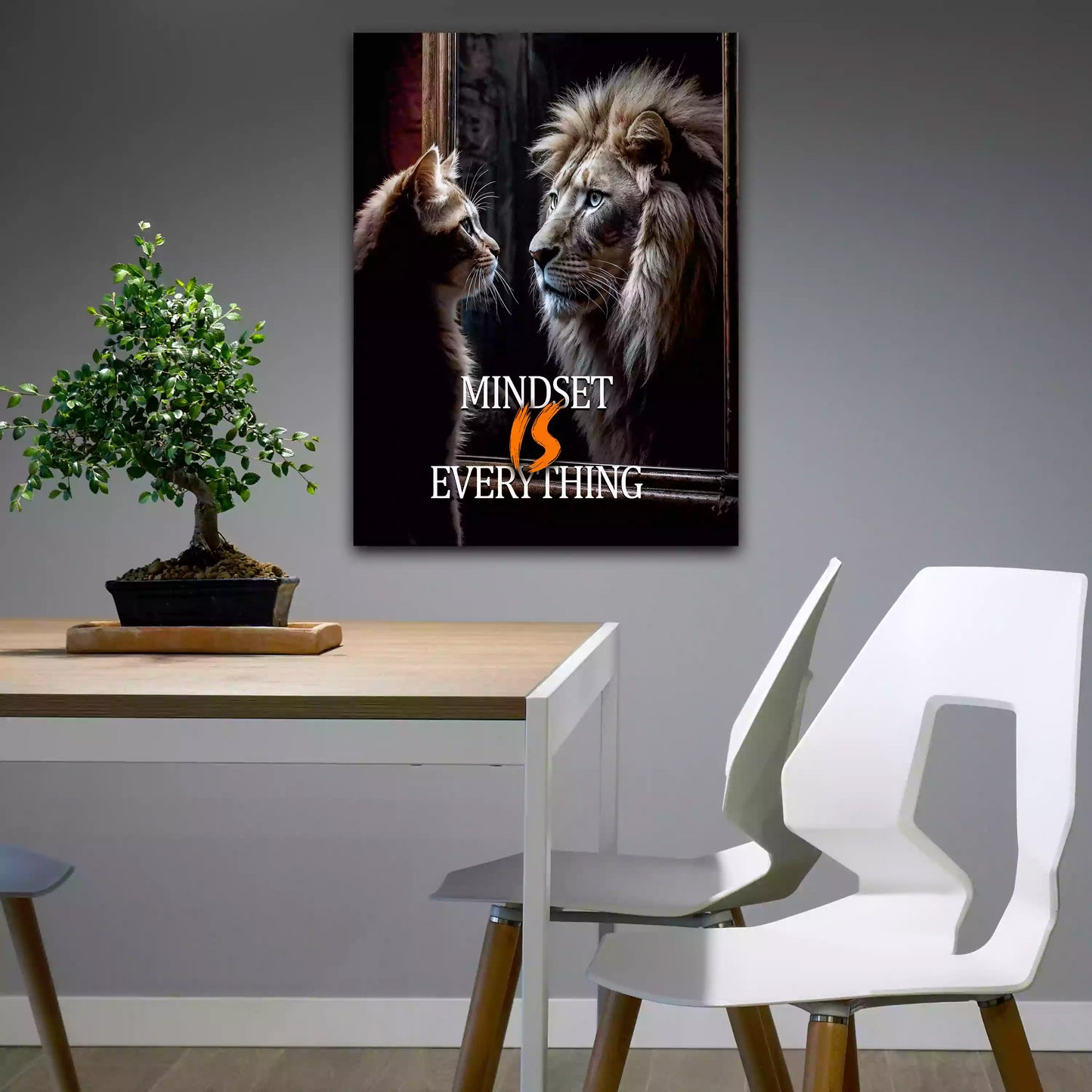 Wandbild Katze und Löwe mit Motivationsspruch Mindset is Everything