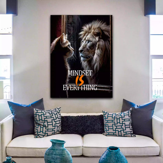 Wandbild Katze und Löwe mit Motivationsspruch Mindset is Everything
