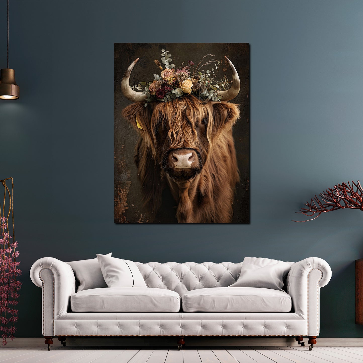 Wandbild Kuh Blumenkranz Boho Natur Tierportrait