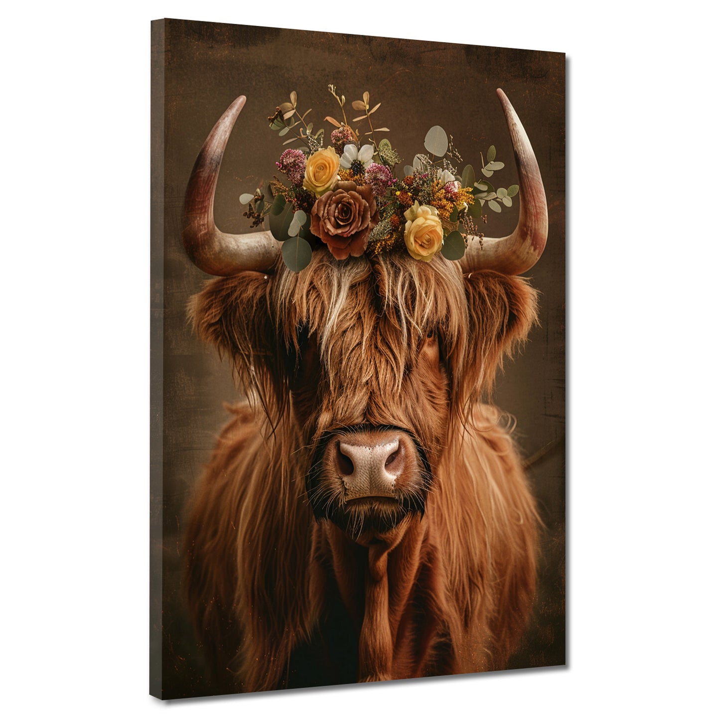 Wandbild Kuh mit Blumenkranz Boho Stil Natur