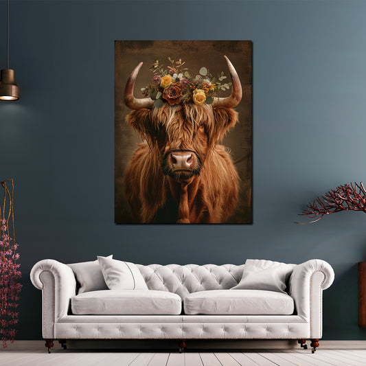 Wandbild Kuh mit Blumenkranz Boho Stil Natur