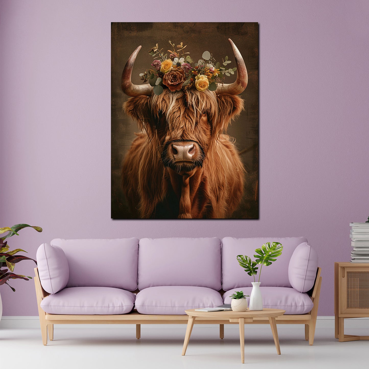 Wandbild Kuh mit Blumenkranz Boho Stil Natur