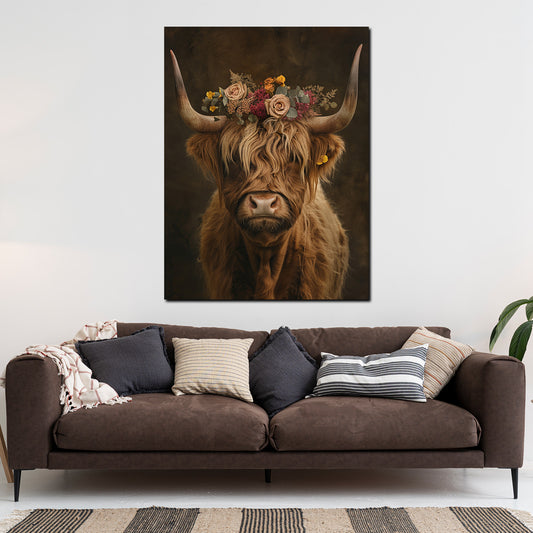 Wandbild stolze Hochlandkuh mit Blumenkrone Boho Naturstil Vintage modern