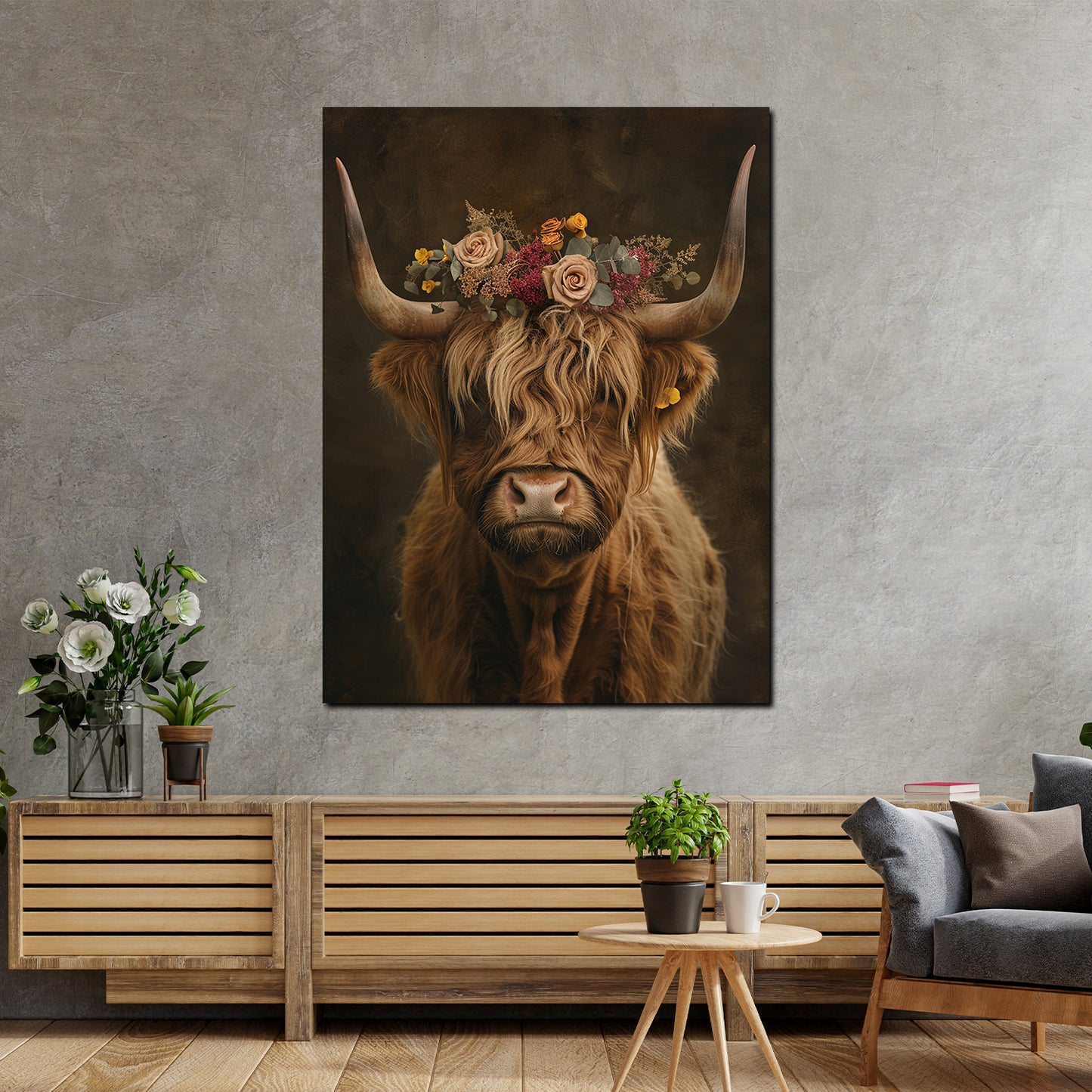 Wandbild stolze Hochlandkuh mit Blumenkrone Boho Naturstil Vintage modern