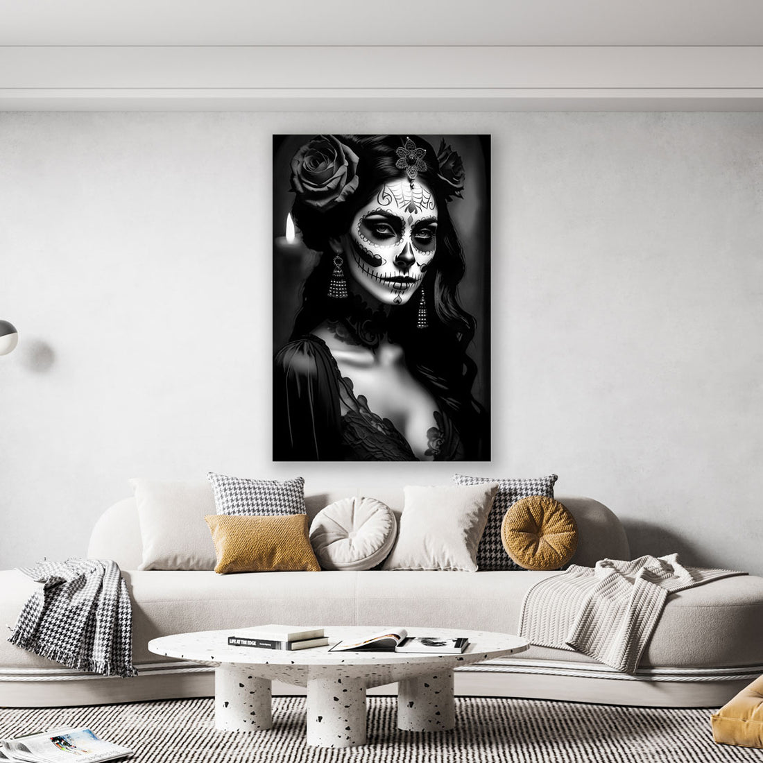 Wandbild La Calavera Catrina im Spitzenkleid schwarz weiß