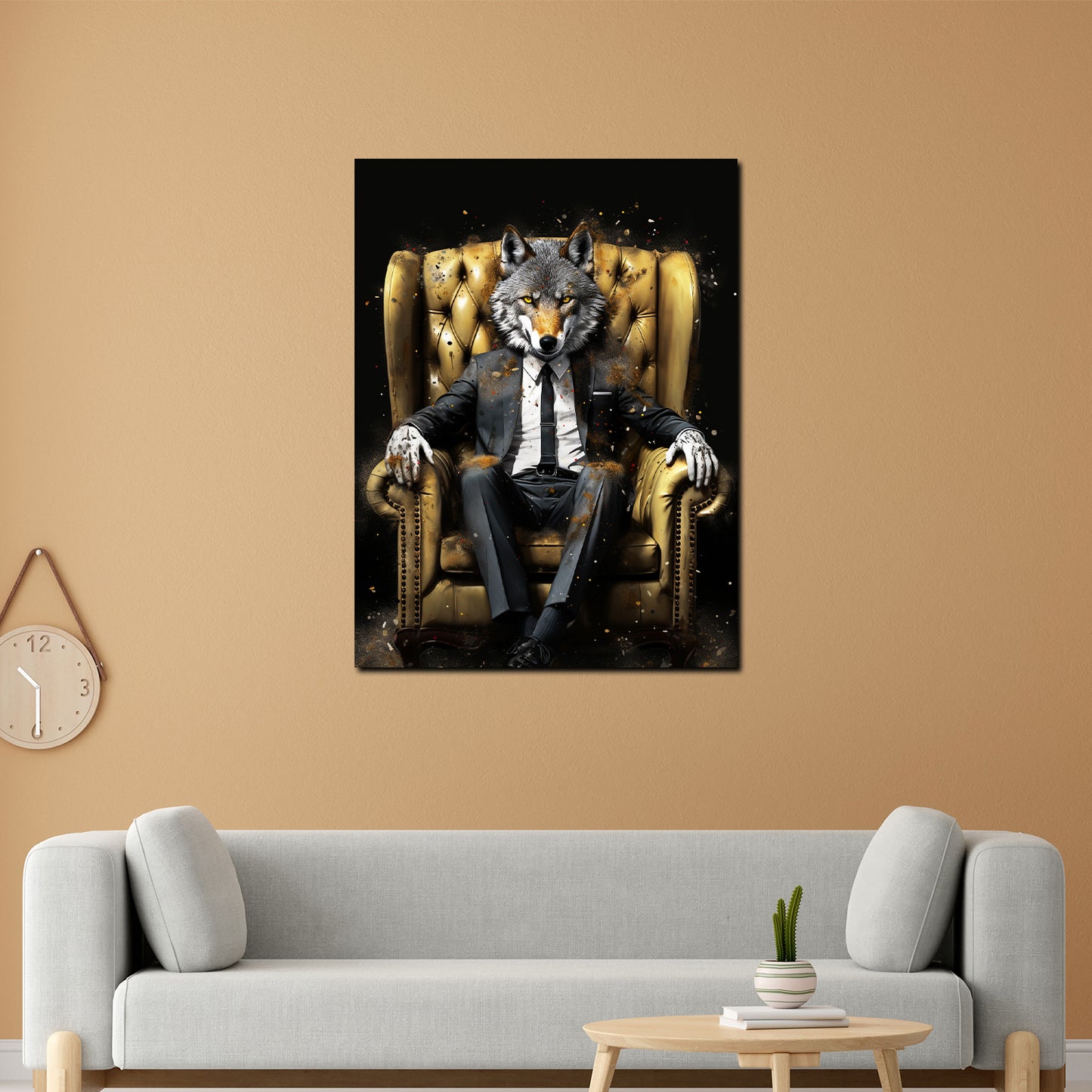 Wandbild Lifestyle Wolf im Anzug Leder-Sessel Pop Art