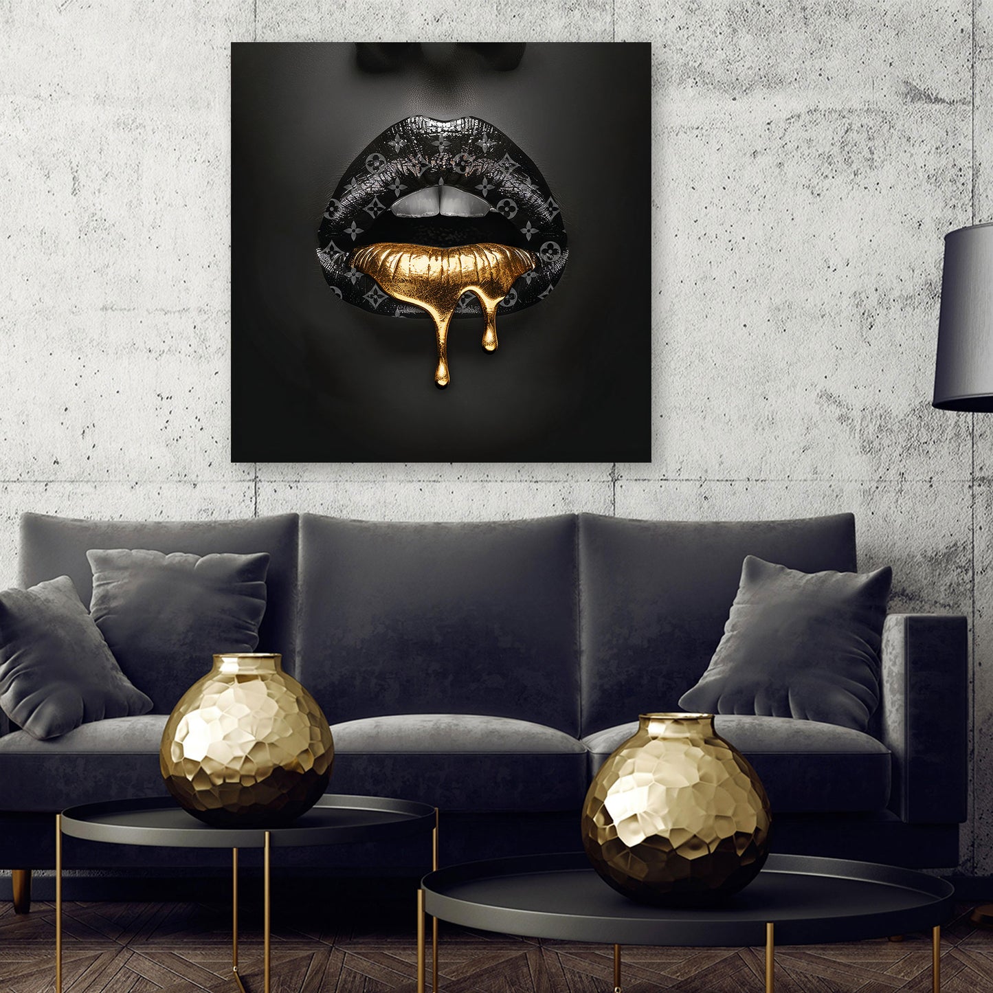 Wandbild Lippen in Goldoptik mit Luxusmotiv und modernem Stil