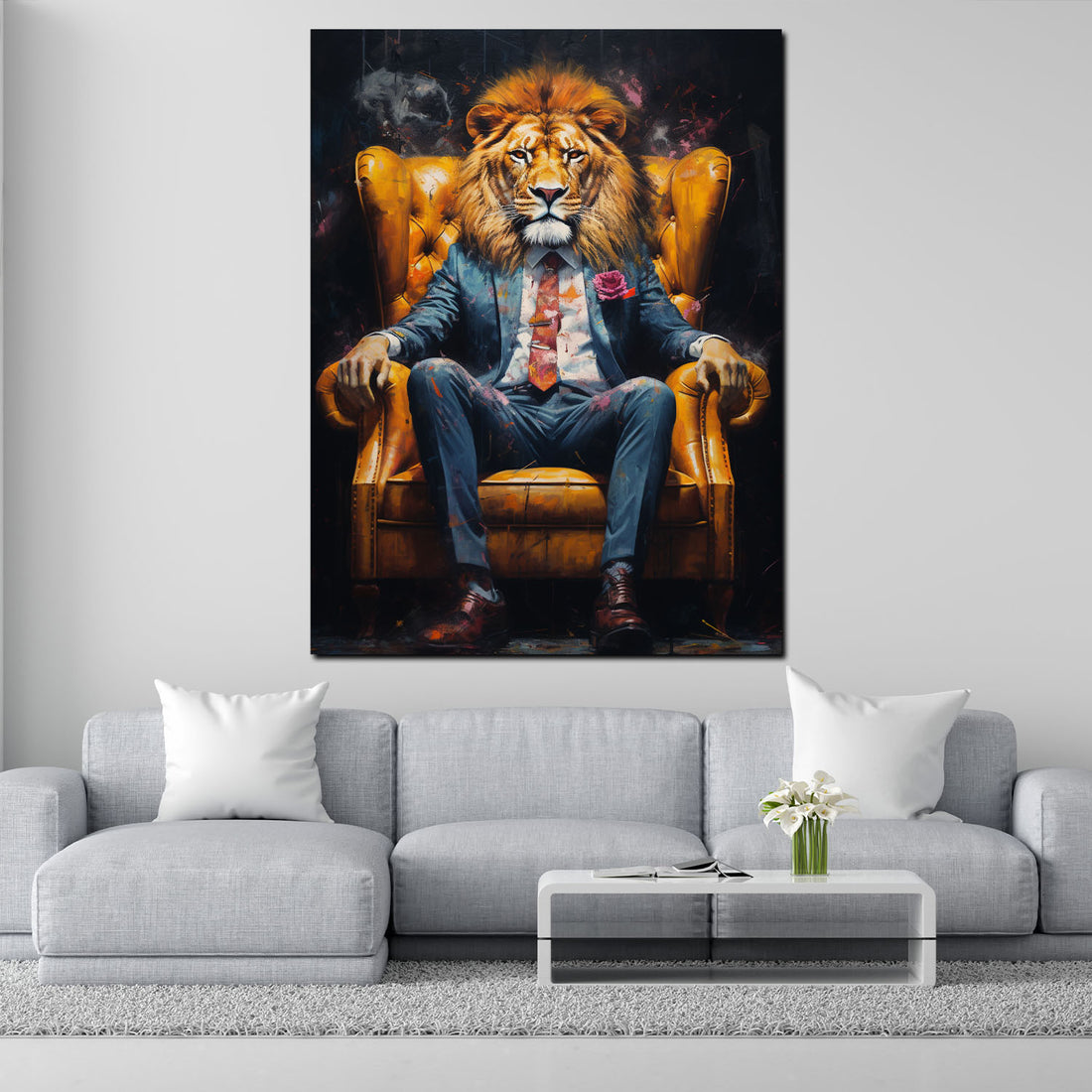 Wandbild Löwe im Anzug sitzend im Sessel