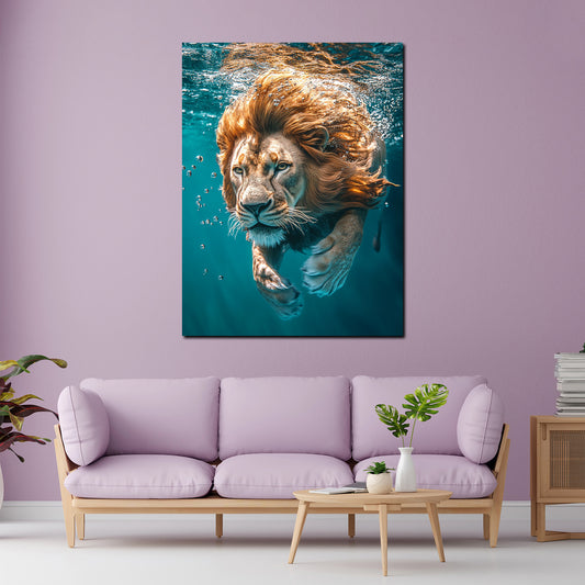 Wandbild Löwe im Wasser fokussiert Stärke Wildtier