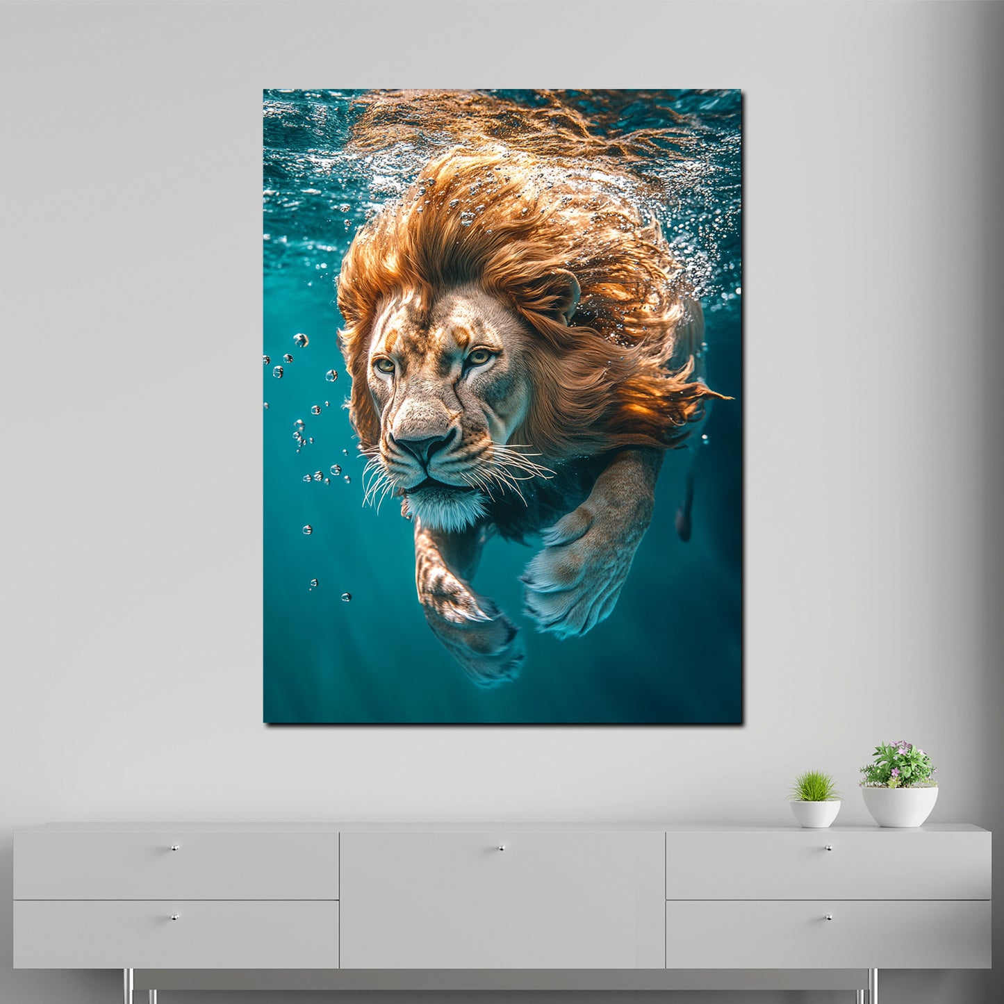 Wandbild Löwe im Wasser fokussiert Stärke Wildtier