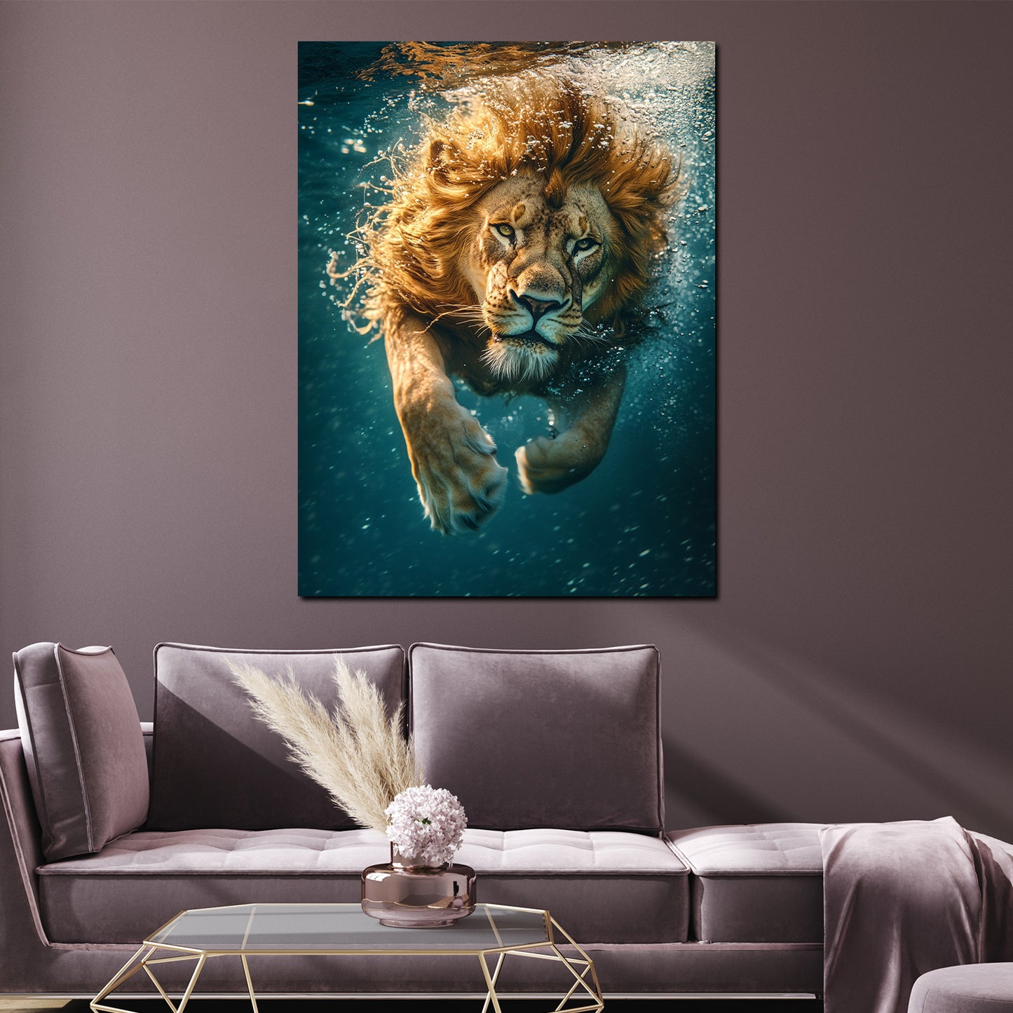 Wandbild Löwe taucht ins Wasser Kraft