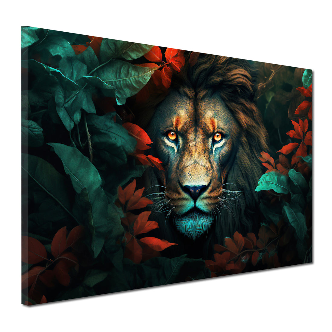 Wandbild Löwen im Dschungel, umgeben von Blättern und Blumen