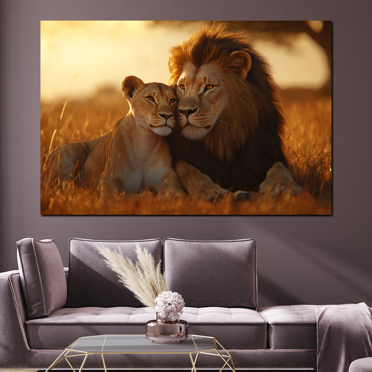 Wandbild Löwenpaar verliebt Savanne Sonnenuntergang