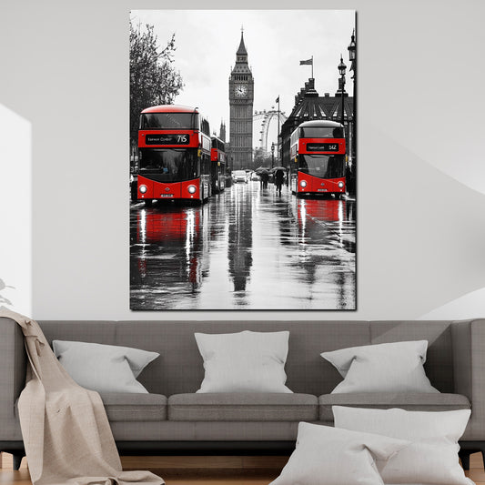 Wandbild London Big Ben rote Busse Stadt Regen Reflexion