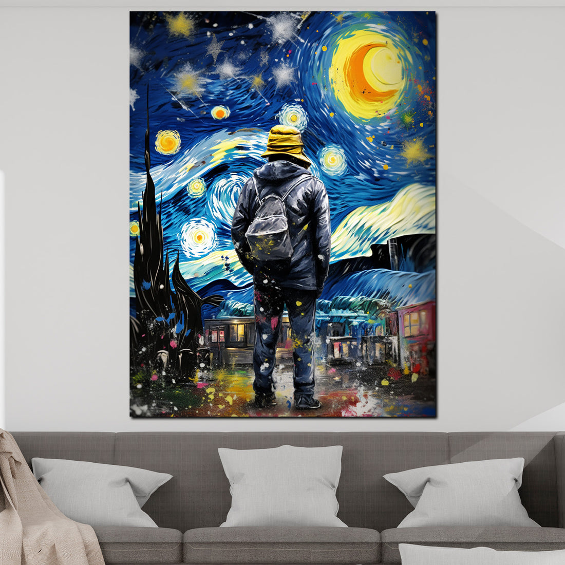 Wandbild Mann im Mondschein Sterne Nacht Painting Style
