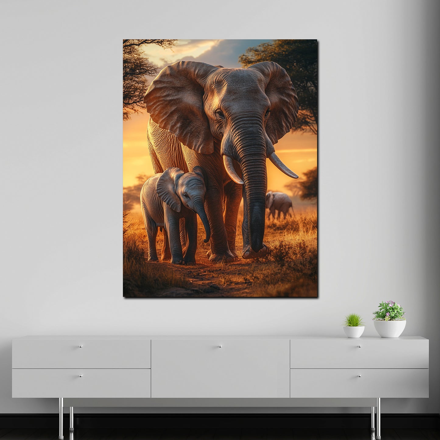 Wandbild Natur Elefanten Familie Sonnenuntergang