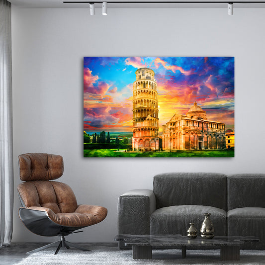 Wandbild Pisa Italien mit schiefem Turm und farbenprächtigem Himmel