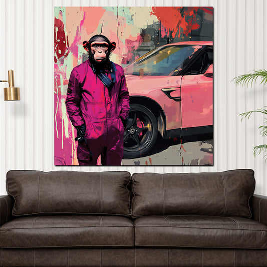 Wandbild Pop Art Affe im Anzug mit pinkem Auto bunt