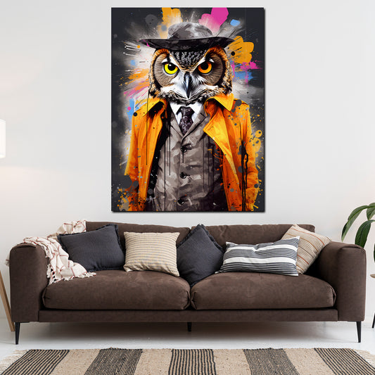 Wandbild Pop Art Eule im Anzug Colour Splash
