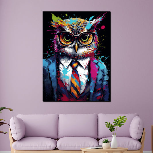Wandbild Pop Art Eule im Anzug Dark Mode